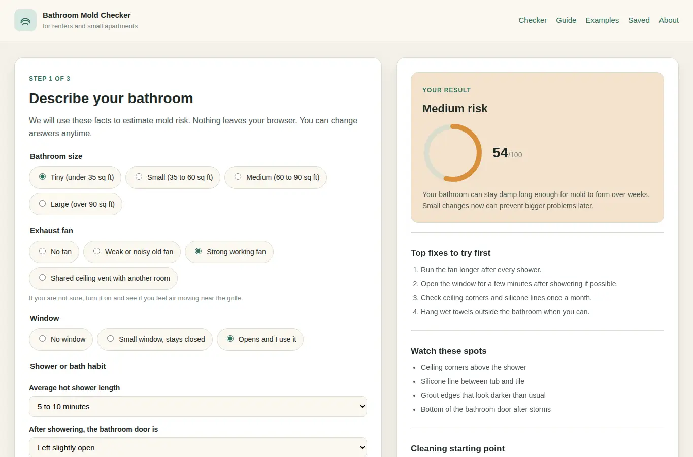 Screenshot of Small Bathroom Ventilation and Mold Checker interface showing the project page in use